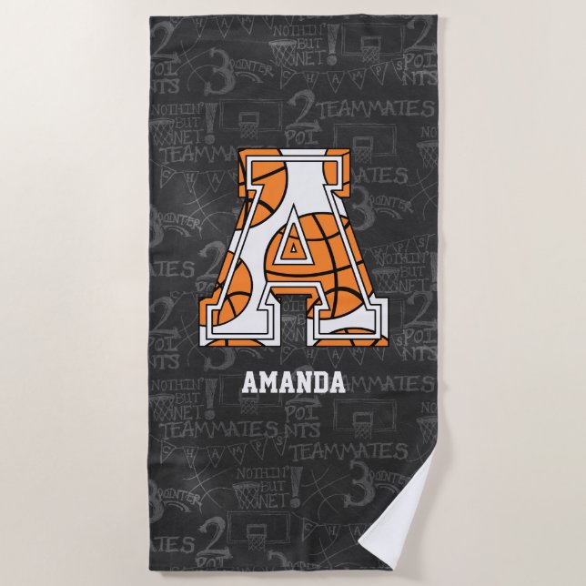 Personalised Chalkboard Basketball Letter A Beach Towel (Front)