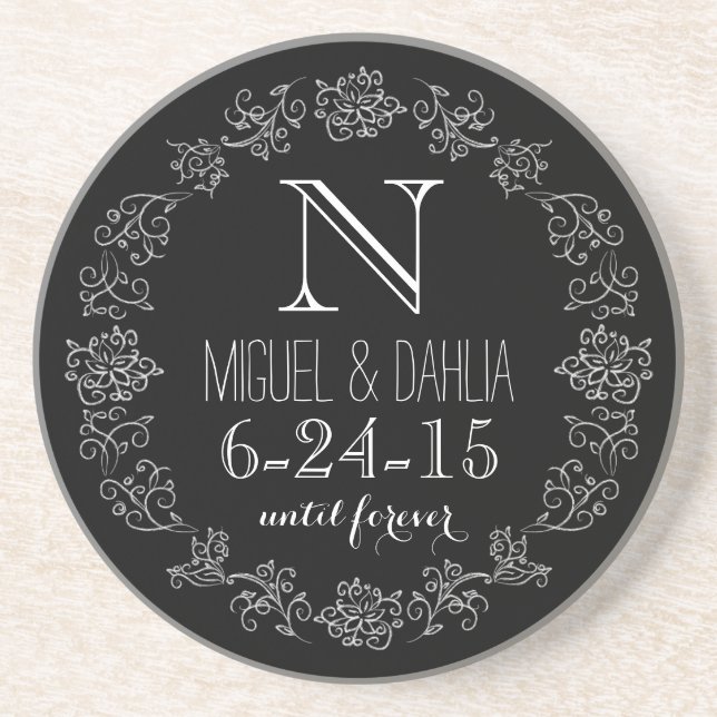 Personalised Chalkboard Monogram Wedding Date Coaster (Front)