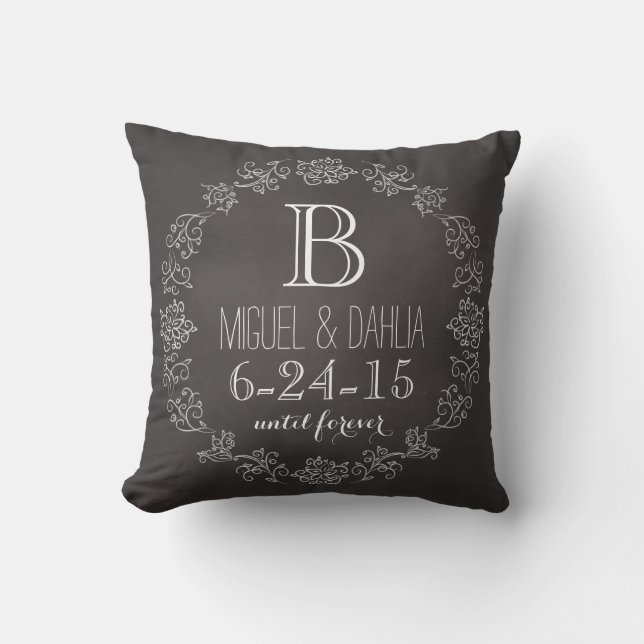 Personalised Chalkboard Monogram Wedding Date Cushion (Front)