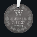 Personalised Chalkboard Monogram Wedding Date Ornament<br><div class="desc">Celebrate the wedding day or anniversary of your favourite bride and groom with this customisable ornament! An elegant white scroll chalk border on a black chalkboard background surrounds a monogram, couple's names and wedding date. “until forever” is written in script below the wedding date. Makes a beautiful, modern, personalised gift....</div>