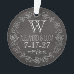 Personalised Chalkboard Monogram Wedding Date Ornament<br><div class="desc">Celebrate the wedding day or anniversary of your favourite bride and groom with this customisable ornament! An elegant white scroll chalk border on a black chalkboard background surrounds a monogram, couple's names and wedding date. “until forever” is written in script below the wedding date. Makes a beautiful, modern, personalised gift....</div>