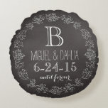 Personalised Chalkboard Monogram Wedding Date Round Cushion<br><div class="desc">Celebrate the wedding day or anniversary of your favourite bride and groom with this customisable round pillow An elegant white scroll chalk border on a black chalkboard background surrounds a monogram, couple's names and wedding date. “until forever” is written in script below the wedding date. Makes a beautiful, modern, personalised...</div>