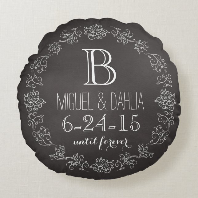 Personalised Chalkboard Monogram Wedding Date Round Cushion (Front)