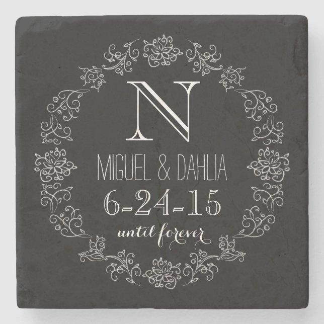 Personalised Chalkboard Monogram Wedding Date Stone Coaster (Front)