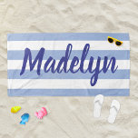 Personalised Chambray Blue Striped Script Name Beach Towel<br><div class="desc">Personalised beach towel design features custom text in modern royal purple blue script that can be personalised with a first or last name against a pattern of white stripes on a light chambray blue background. Colours and font style can be completely customised.</div>