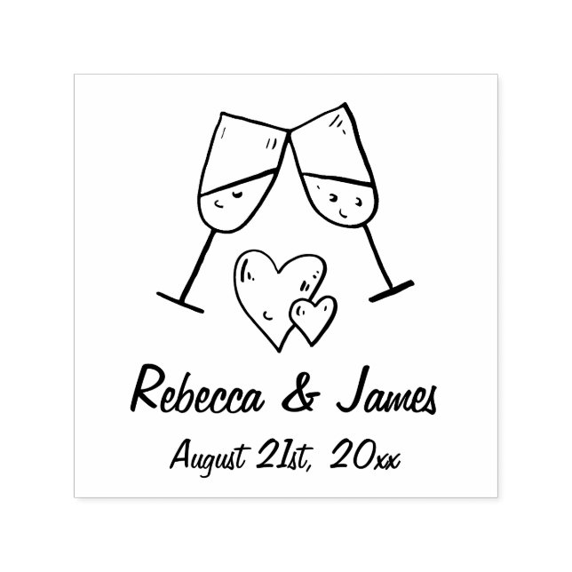 Personalised Champagne and Hearts Wedding Names Self-inking Stamp (Design)