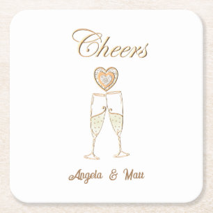 Personalised Champagne Glasses and Hearts Square Paper Coaster