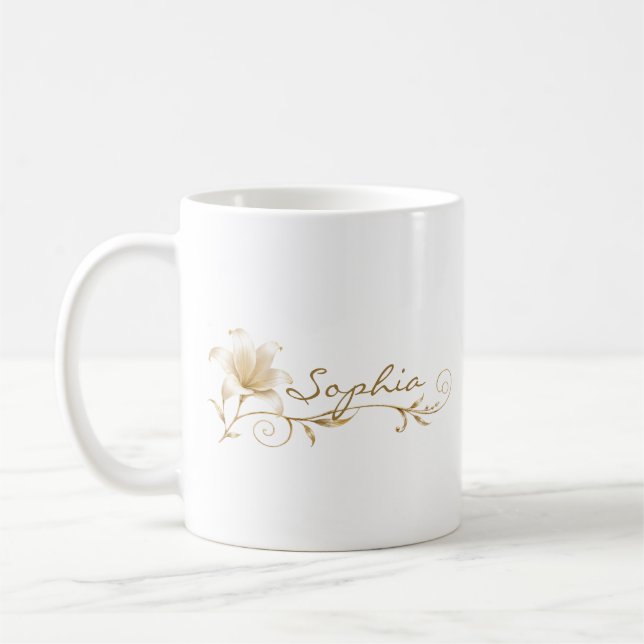 Personalised Champagne Gold Lily Name Mug (Left)