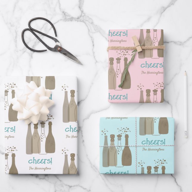 Personalised Champagne White Pink Aqua Retro Cool Wrapping Paper Sheet (Front)
