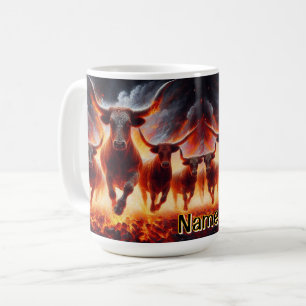 Personalised Charging Longhorn Bulls in Fire  Coffee Mug