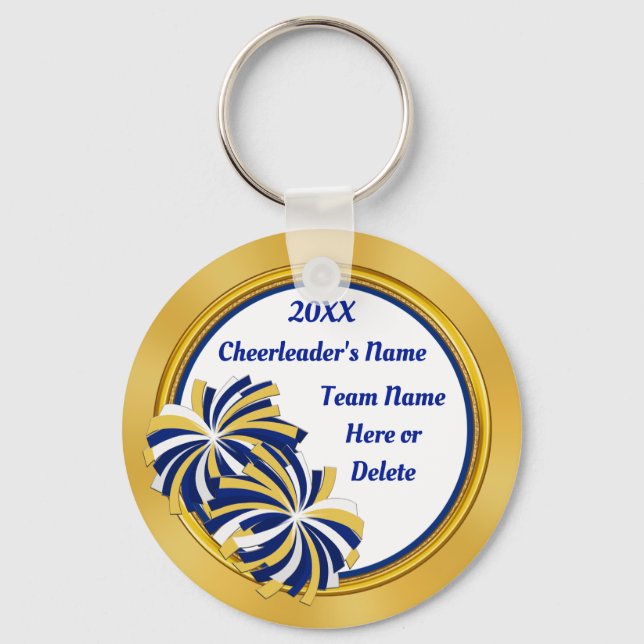 Personalised Cheap Cheerleader Gifts, Blue, Gold Key Ring (Front)