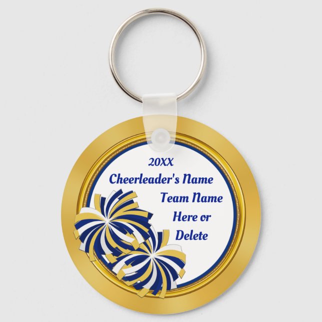 Personalised Cheap Cheerleader Gifts, Blue, Gold Key Ring (Front)