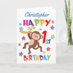 Personalised Cheeky Monkey 1st Birthday Card<br><div class="desc">A special 1st birthday card! This bright fun first birthday card features a cheeky monkey, some pretty stars and colourful text. A cute design for someone who will be one year old. Add the 1st birthday child's name to the front of the card to customise it for the special boy...</div>