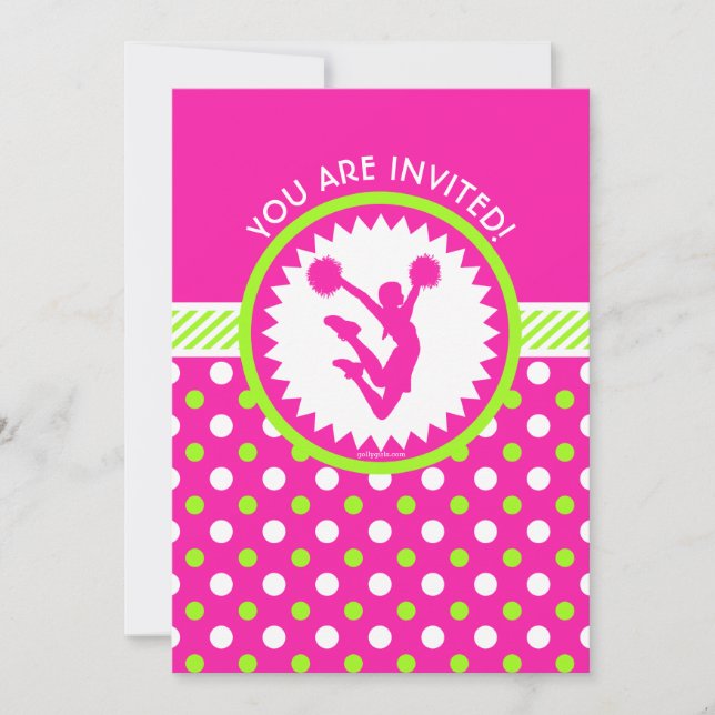 Personalised Cheer / Pom Pink - Green Polka-Dots Invitation (Front)