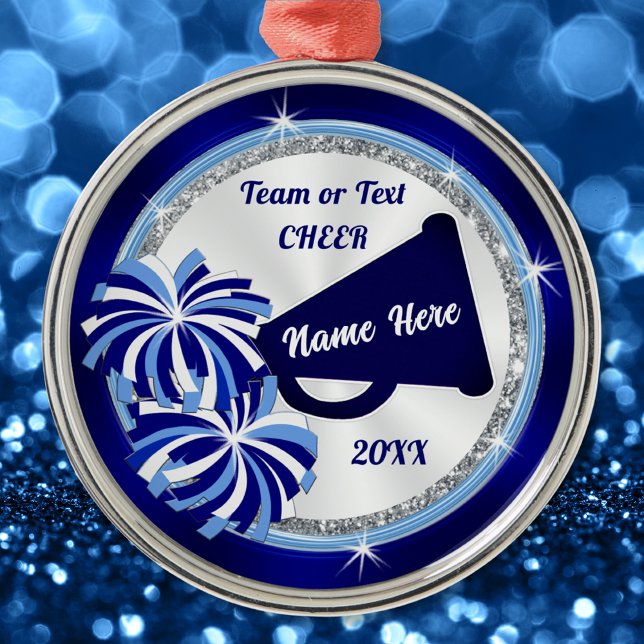 Personalised Cheerleader Ornaments, Blues, White Metal Tree Decoration (Personalized Cheerleading Ornament. Cheer team Christmas gifts or Gifts for Senior Cheerleaders.)