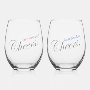 Personalised Cheers! Best Mum, Dad Ever Pink Blue Stemless Wine Glass