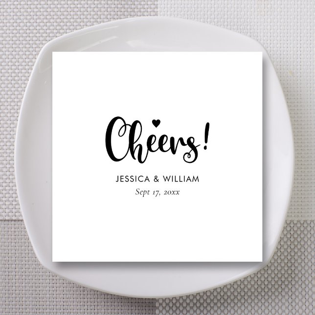 Personalised Cheers Wedding Cocktail Napkins (Personalized Black Calligraphy Cheers Wedding Napkins - White)