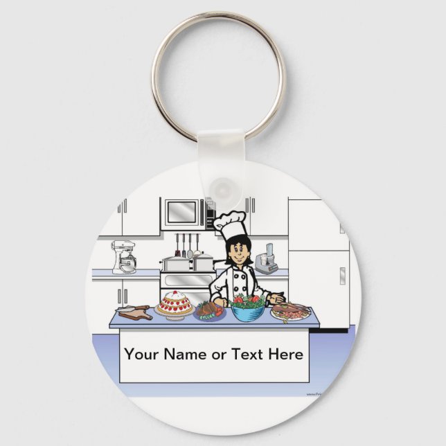 Personalised Chef, with hat - Female Cartoon  Key Ring (Front)
