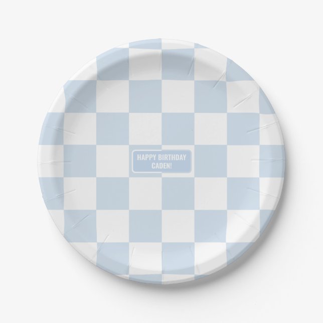 Personalised Chequered Baby Blue Shades Paper Plate (Front)