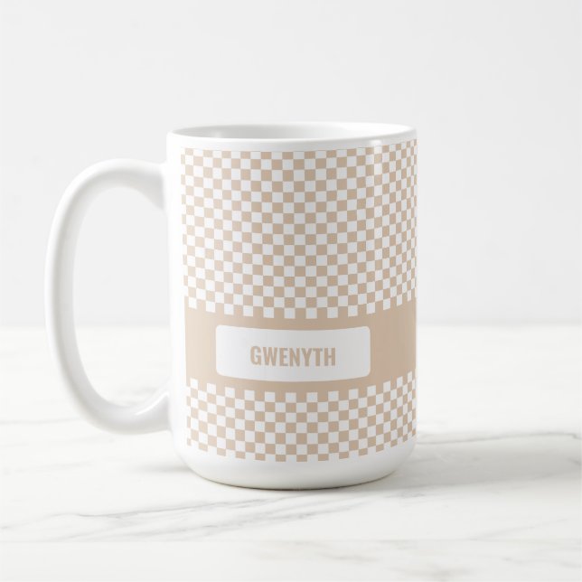Personalised Chequered LIght Neutral Coffee Mug (Left)