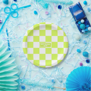 Personalised Chequered Neon Lime Green Highlighter Paper Plate