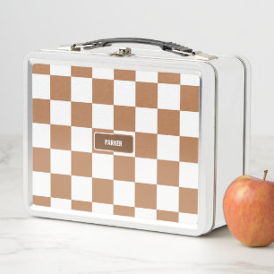 Personalised Chequered Neutral Cognac Camel Metal Lunch Box