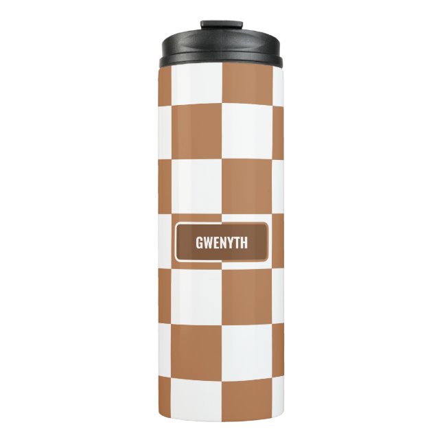 Personalised Chequered Neutral Cognac Camel Thermal Tumbler (Front)