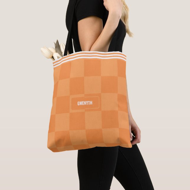 Personalised Chequered Orange Highlighter Tote Bag (Close Up)