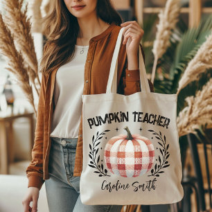 Personalised chequered pumpkin teacher tote, Fall Tote Bag