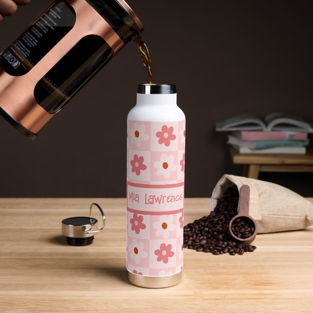 Personalised  Chequered Retro Flowers  Water Bottle (Coffee)