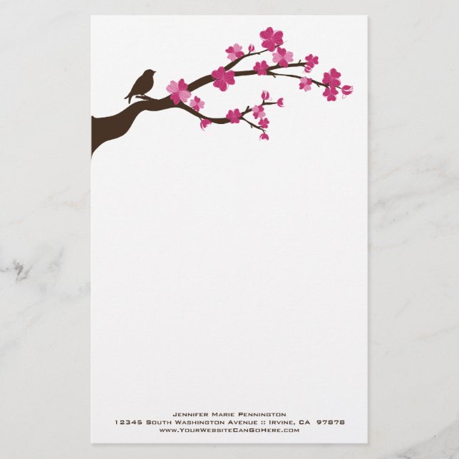 Personalised cherry blossom bird stationery (Front)