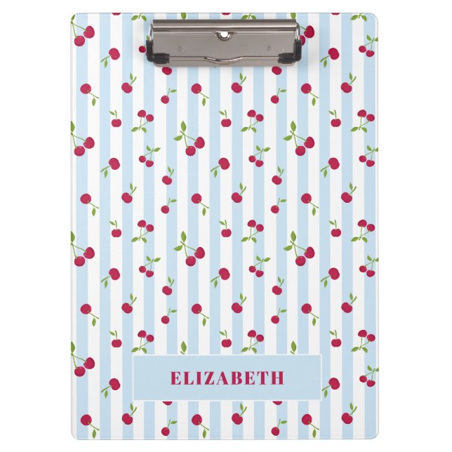 Personalised Cherry Blue Stripes Retro Cute Clipboard (Front)