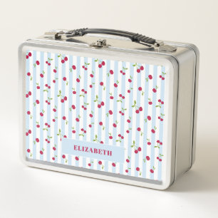 Personalised Cherry Blue Stripes Retro Cute Metal Lunch Box
