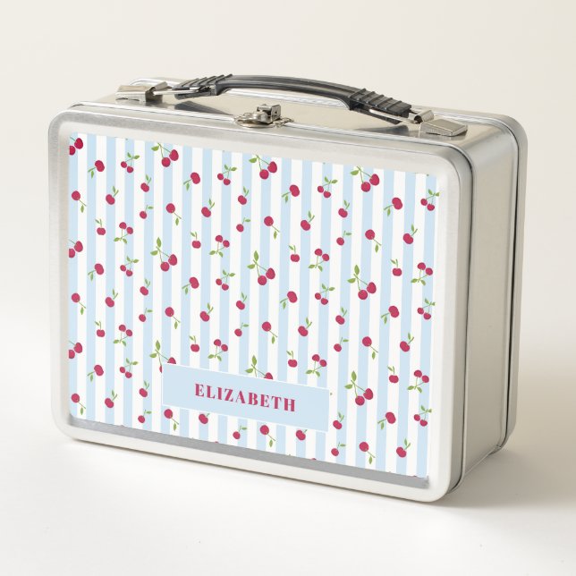 Personalised Cherry Blue Stripes Retro Cute Metal Lunch Box (Front)