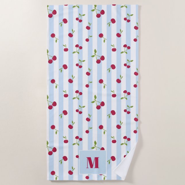 Personalised Cherry Blue Stripes Retro Monogram Beach Towel (Front)