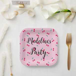 Personalised Cherry Cherries Pattern Pink Party  Paper Plate