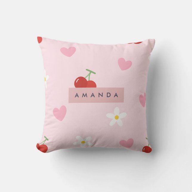 Personalised Cherry, Daisy & Pink Heart Pattern  Cushion (Front)