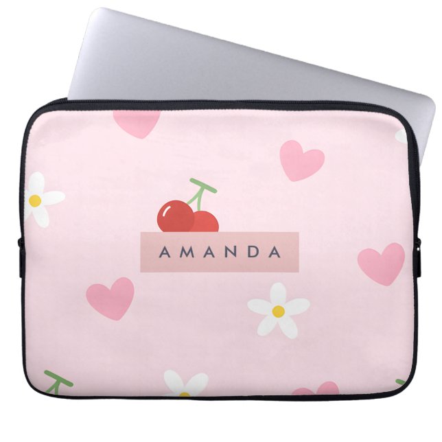 Personalised Cherry, Daisy & Pink Heart Pattern  Laptop Sleeve (Front)
