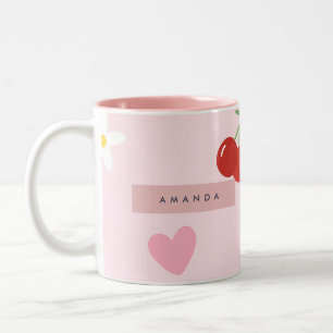 Personalised Cherry, Daisy & Pink Heart Pattern Two-Tone Coffee Mug