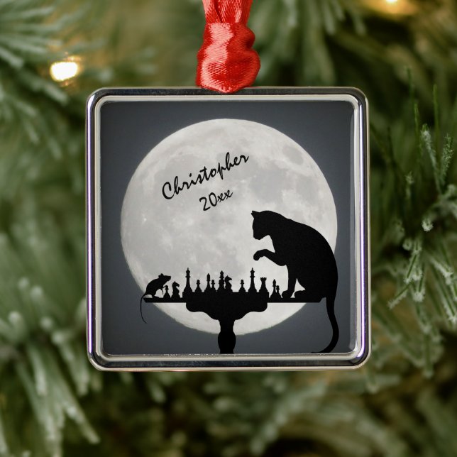 Personalised Chess Full Moon Cat and Mouse Game Metal Tree Decoration (Tree)