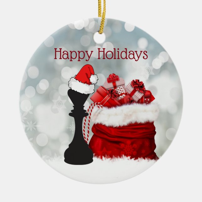 Personalised Chess Winter Snow Santa Christmas Ceramic Tree Decoration (Front)