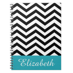 Personalised Chevron Black White Teal Monogram Spiral Notebook