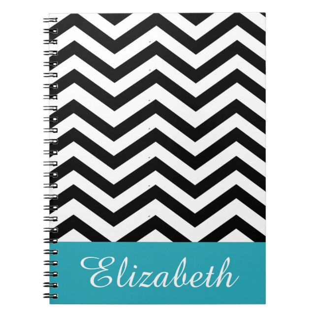 Personalised Chevron Black White Teal Monogram Spiral Notebook (Front)