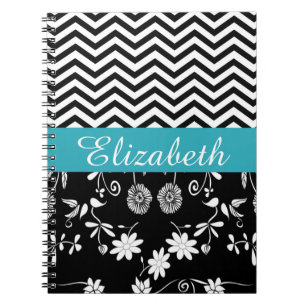 Personalised Chevron Floral Black White Monogram Notebook