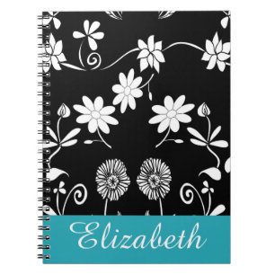 Personalised Chevron Floral Black White Monogram Spiral Notebook