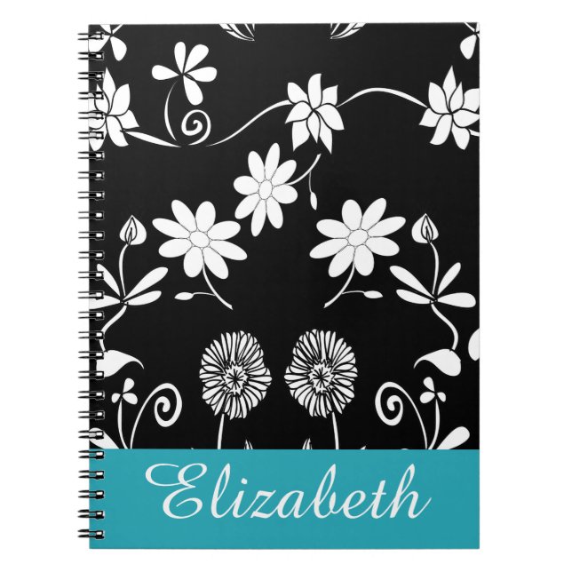 Personalised Chevron Floral Black White Monogram Spiral Notebook (Front)
