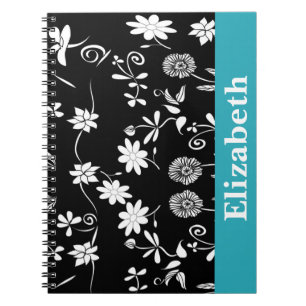 Personalised Chevron Floral Black White Monogram Spiral Notebook