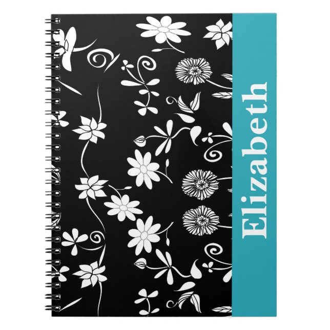 Personalised Chevron Floral Black White Monogram Spiral Notebook (Front)