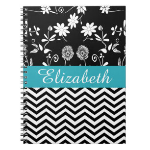 Personalised Chevron Floral Black White Monogram Spiral Notebook
