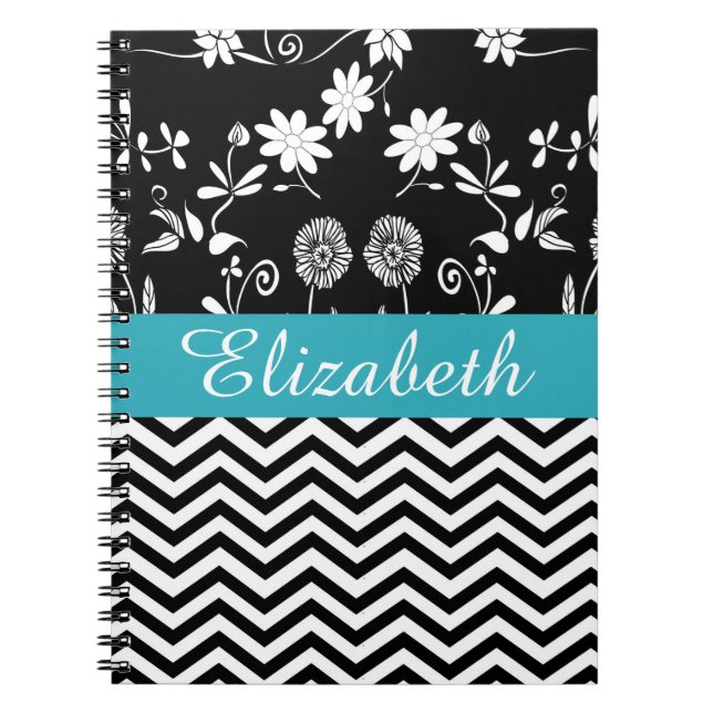 Personalised Chevron Floral Black White Monogram Spiral Notebook (Front)